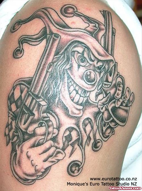 Grey Ink Gangsta Skull And Gun Tattoo