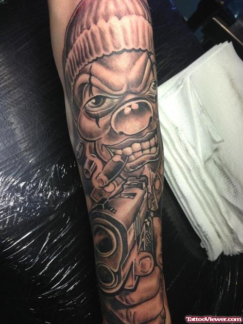 Grey Ink Right Sleeve Gangsta Clown Tattoo