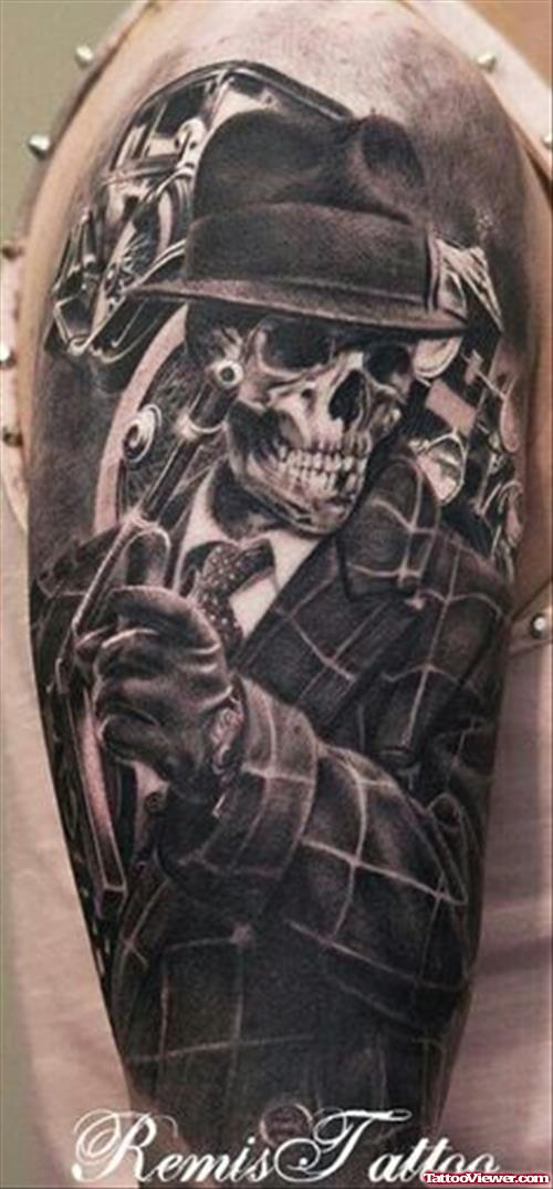 Grey Ink Gangsta Skull With Hat Tattoo On Half Sleeve