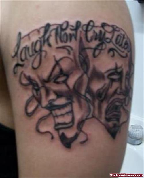 Grey Ink Clown Masks Gangster Tattoo On Left Half Sleeve