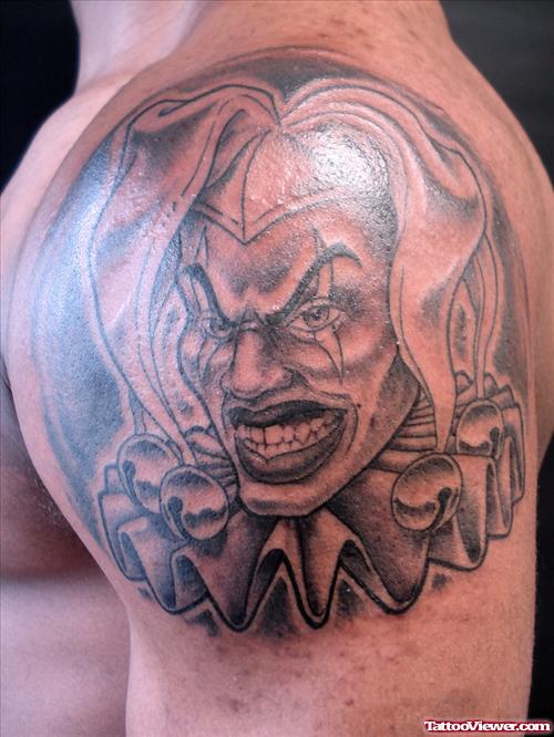 Grey Ink Clown Head Gangsta Tattoo On Left Shoulder