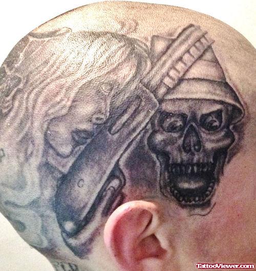 Awesome Grey Ink Gangsta Tattoo On Head