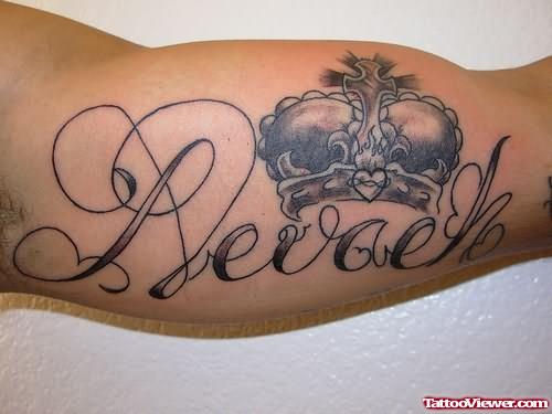 Crown And Words Tattoo On Muscles