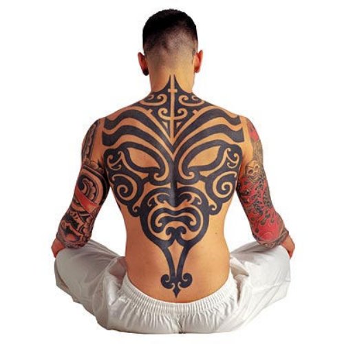 Black Ink Hawaiian Tribal Gangsta Tattoo On Back