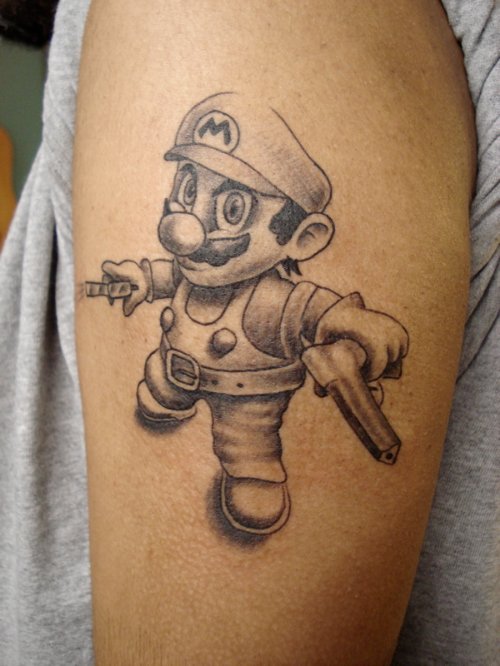 Awesome Grey Ink Gangster Mario Tattoo