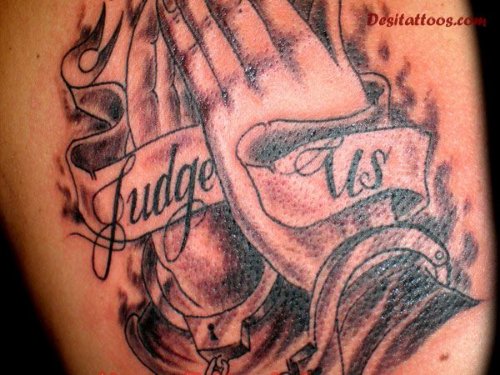 Judge Us Banner And Praying Hands Gangster Tattoo