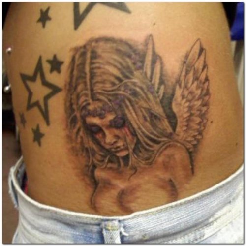 Grey Ink Stars And Angel Girl Gangsta Tattoo On Side