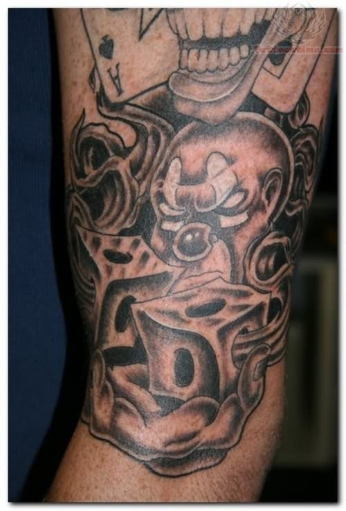 Awesome Grey Ink Clown Gangster Tattoo on Half Sleeve