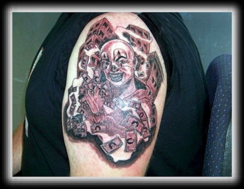 Grey Ink Clown Gangsta Tattoo On Left Half Sleeve