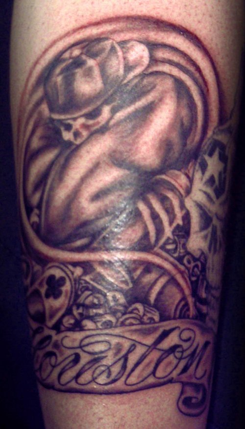Awesome Grey Ink Gangsta Tattoo On Half Sleeve
