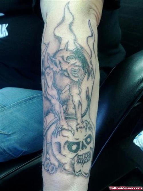 Skull And Gargoyle Tattoo On Sleeve