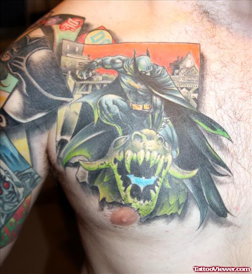 Gargoyle Tattoo On Chest And Right Shoulder