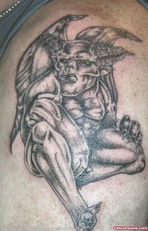Grey Ink Gargoyle Tattoo On Shoulder
