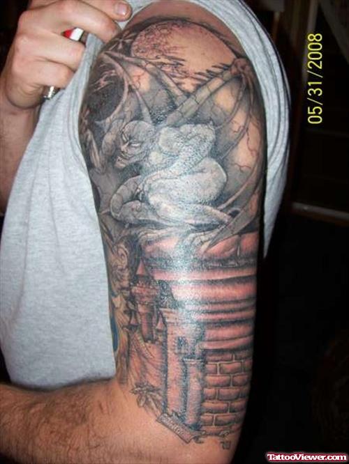 Grey Ink Gargoyle Tattoo On Left Half Sleeve