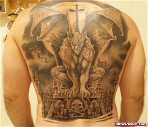 Attractive Back Body Grey Ink Gargoyle Tattoo