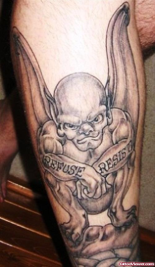 Amazing Grey Ink Gargoyle Tattoo On Left Leg