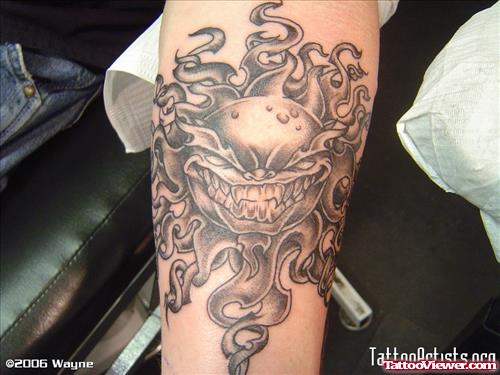 Grey Ink Evil Gargoyle Tattoo On Bicep