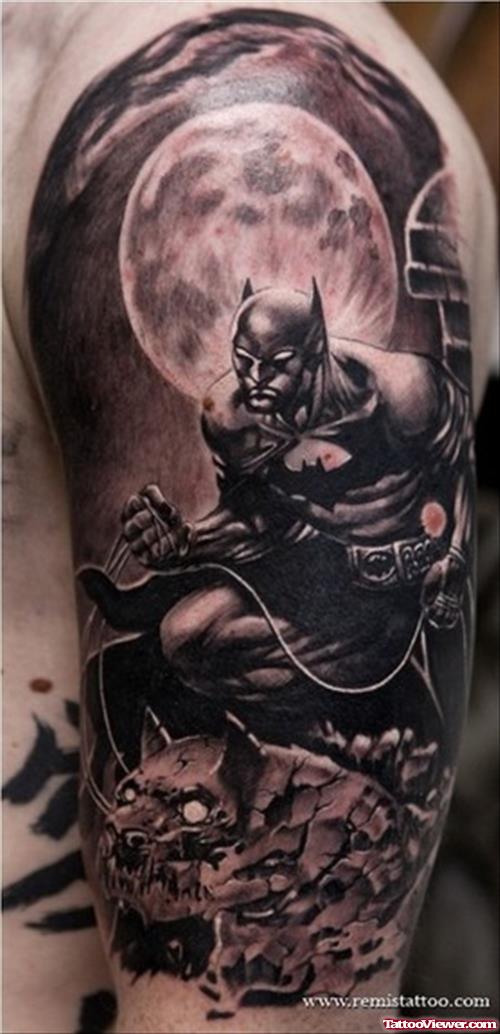 Grey Ink Devil Gargoyle Tattoo On Left Half Sleeve