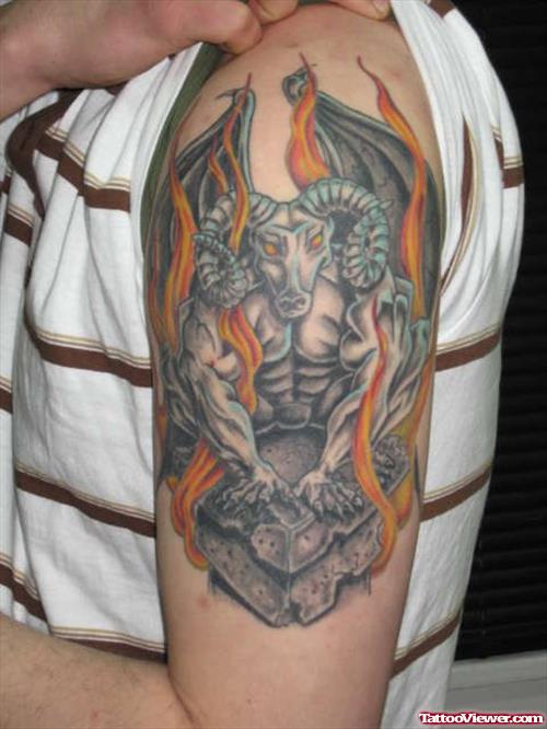 Flaming Gargoyle Tattoo On Left Half Sleeve