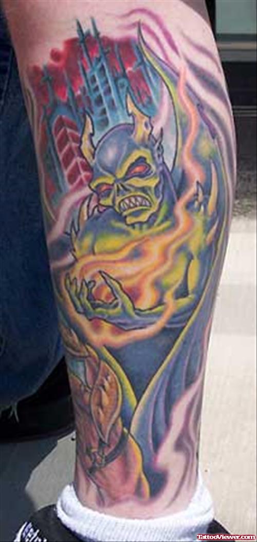 Colored Demon Gargoyle Tattoo On Leg