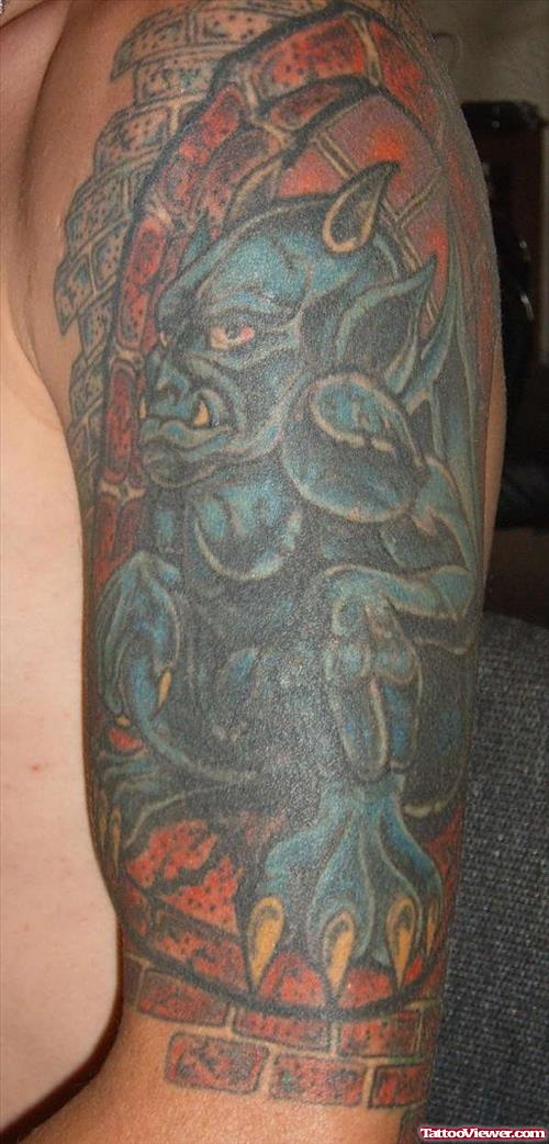 Nice Left Half Sleeve Gargoyle Tattoo