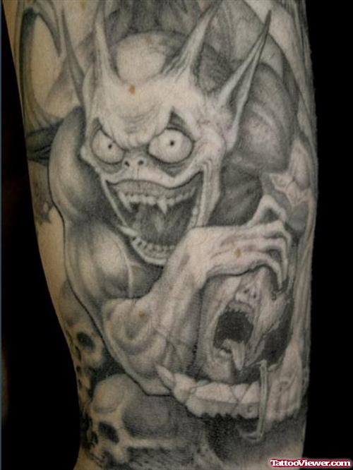 Awesome Grey Ink Gargoyle Tattoo On Half Sleeve