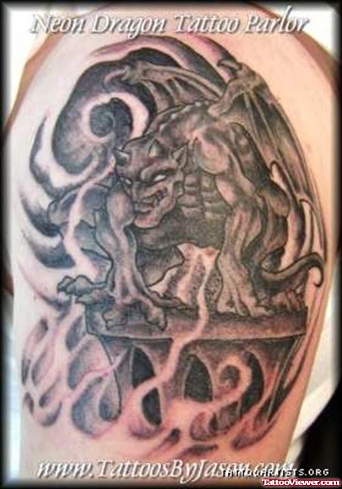 Attractive Grey Ink Gargoyle Tattoo On Shoulder
