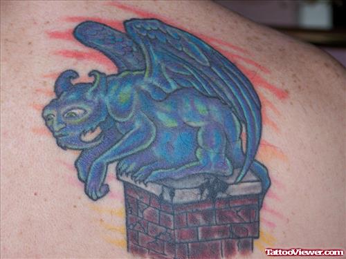 Dark Blue Ink Gargoyle Tattoo