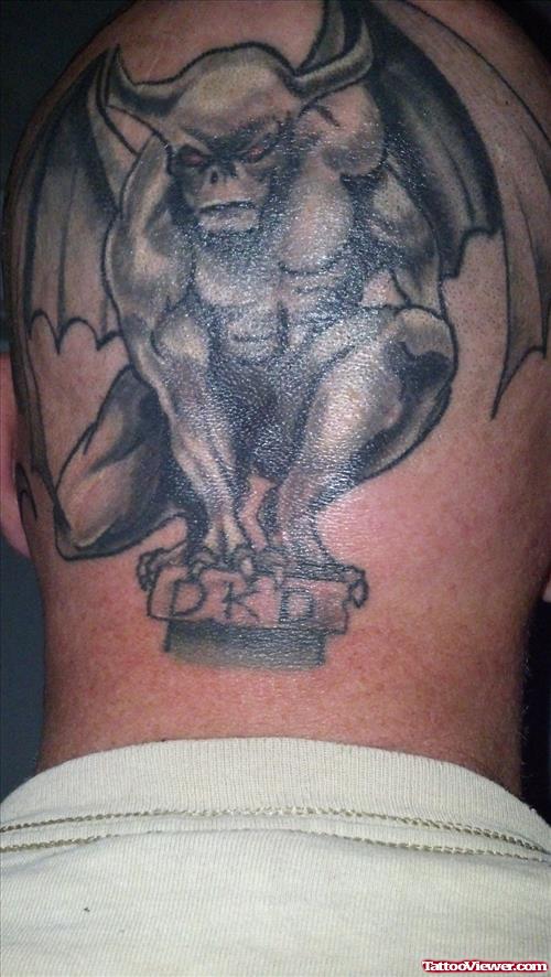Grey Ink Gargoyle Tattoo On Back Head
