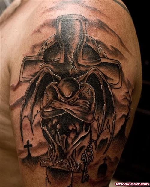 Gargoyle and Cross Tattoo On Left Shoulder