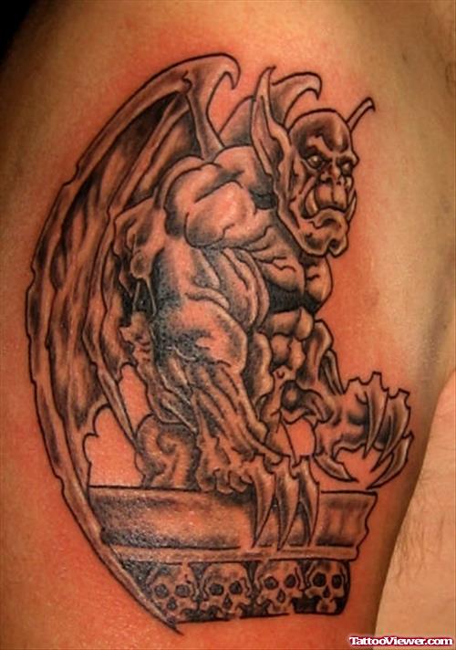 Awesome Grey Ink Gargoyle Tattoos On Shoulder