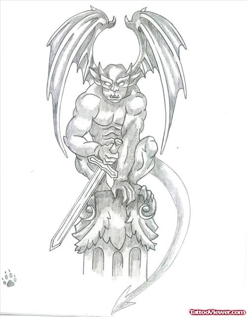 Grey Ink Gargoyle With Dagger Tattoo Design