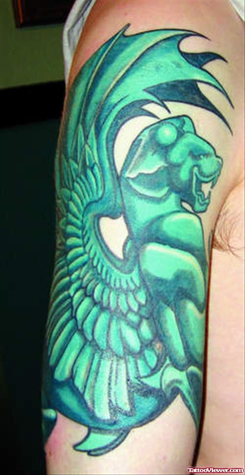 Green Ink Gargoyle Tattoo On Half Sleeve