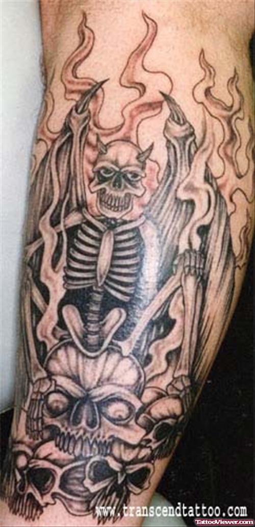 Flaming Gargoyle Skeleton Tattoo On Sleeve