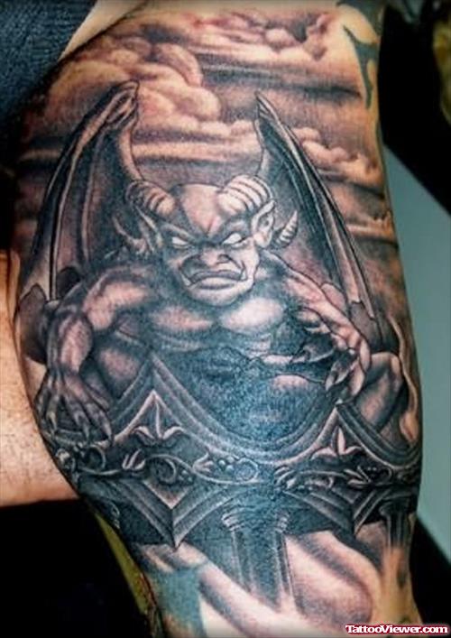 Dark Ink Gargoyle Tattoo On Bicep