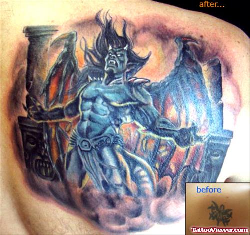 Colored Gargoyle Tattoo On Right Back SHoulder