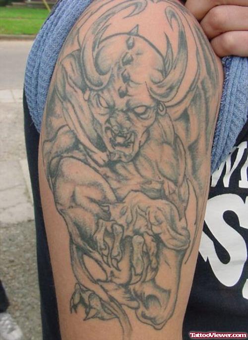 Awesome Grey Ink Gargoyle Tattoo On Right Half Sleeve