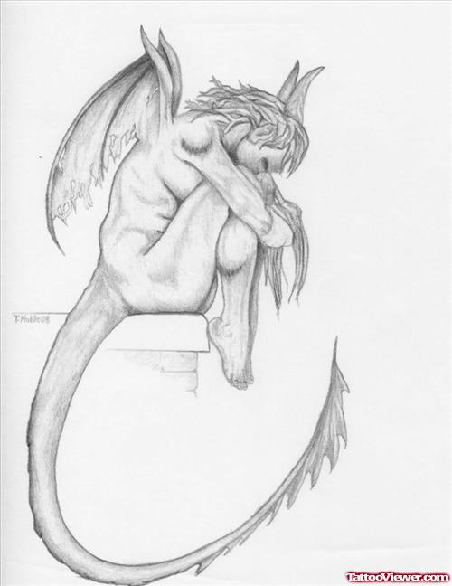 Sad Gargoyle With Long Tail Tattoo Design