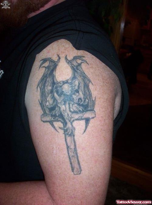 Cross And Gargoyle Tattoo On Left Half Sleeve