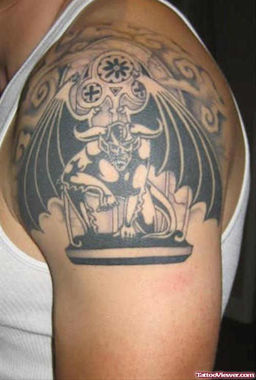 Man Left Shoulder Grey Ink Gargoyle Tattoo