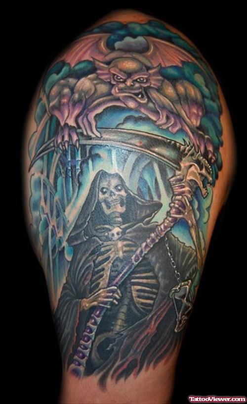 Grim Reaper Gargoyle Tattoo On Half Sleeve