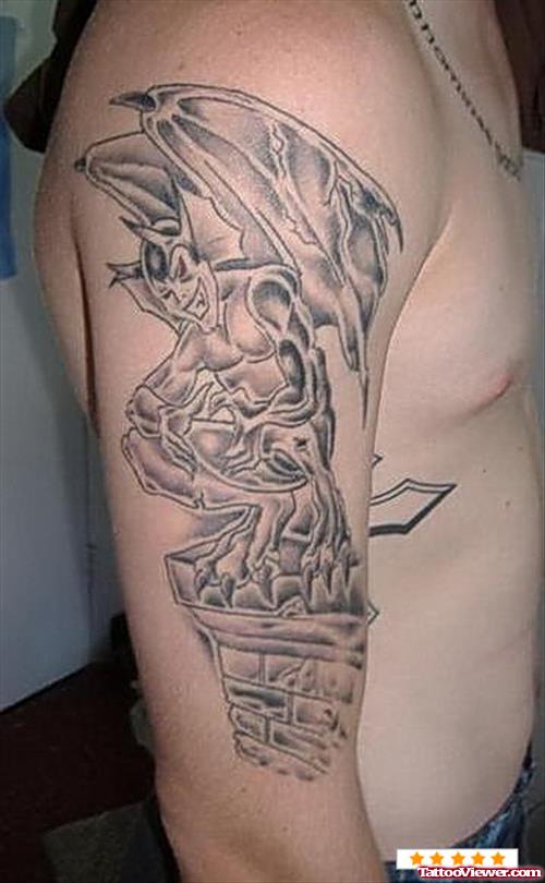 Grey Ink Gargoyle Tattoo On Right Sleeve