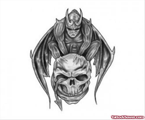 Awesome Grey Ink Skull And Gargoyle Tattoo Design