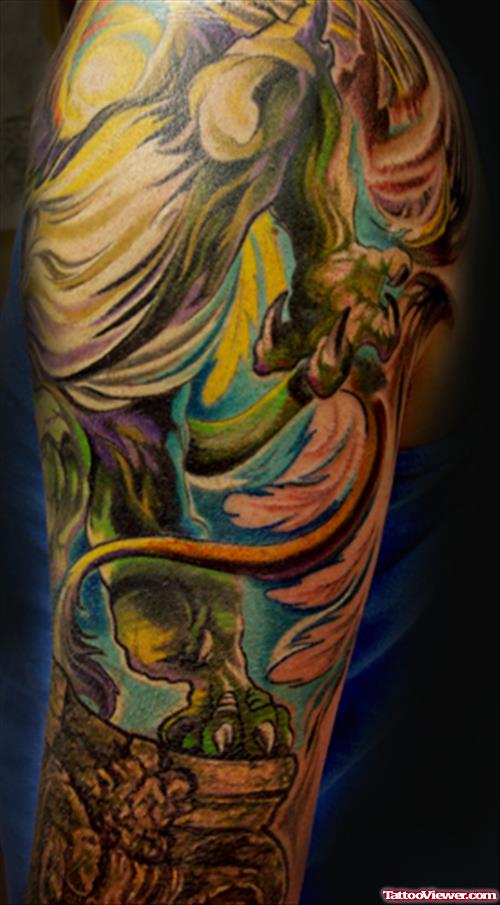 Unique Colored Gargoyle Tattoo On Sleeve