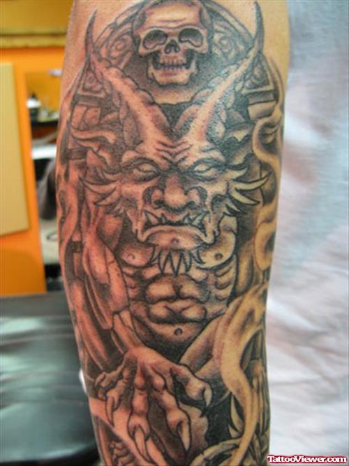 Grey Ink Gargoyle Tattoo On Man Right Half Sleeve