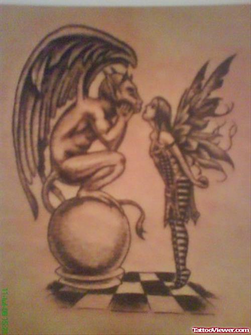 Grey Ink Fairy And Gargoyle Tattoo