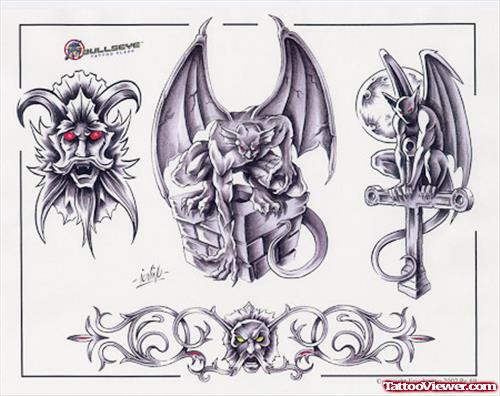 Amazing Grey Ink Gargoyle Tattoos Designs
