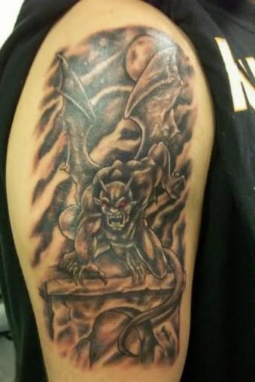 Amazing Grey Ink Gargoyle Tattoo On Right Half Sleeve