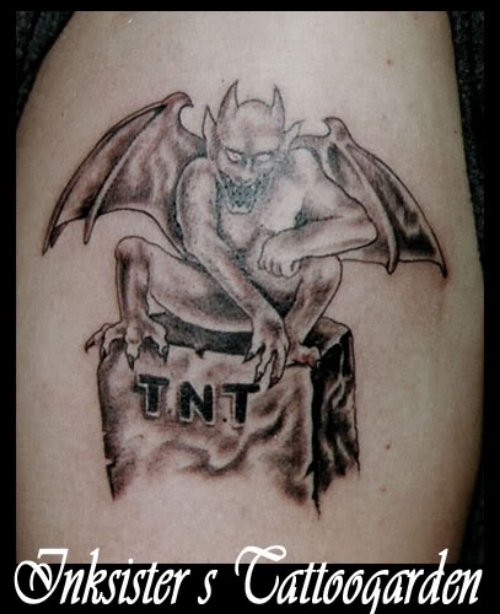 Awesome Grey Ink Gargoyle Tattoo On Shoulder