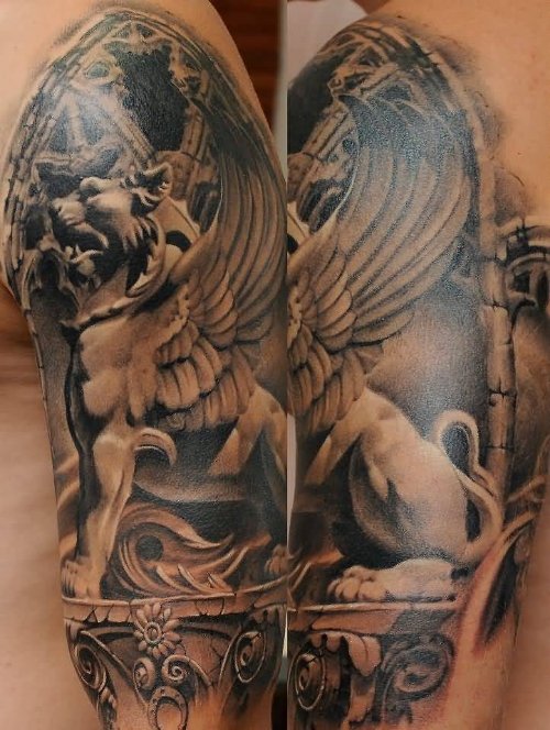 Lion Face Gray Ink Gargoyle Tattoo Design